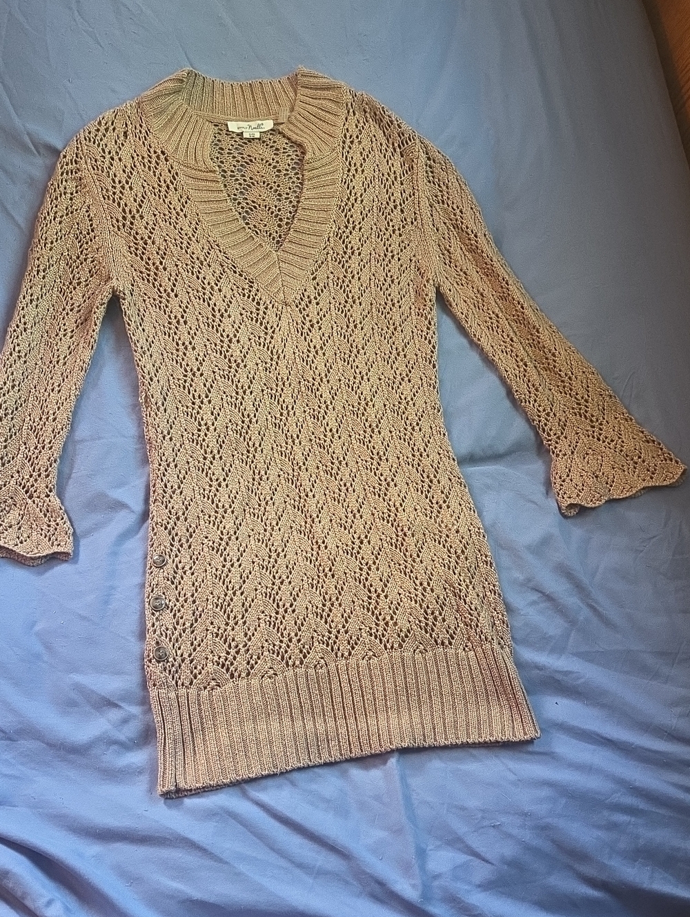 Simply Noelle Beige Openwork V-Neck Knit Tunic Sweater Size S/M
